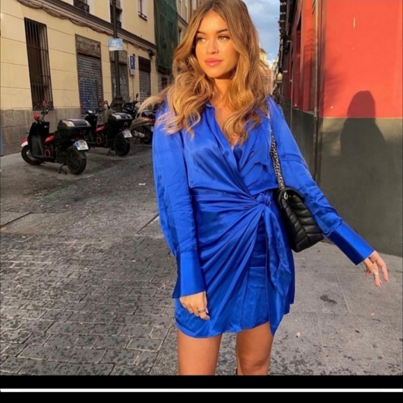 Zara Satin Wrap Blue Mini Dress - Picture 5 of 10